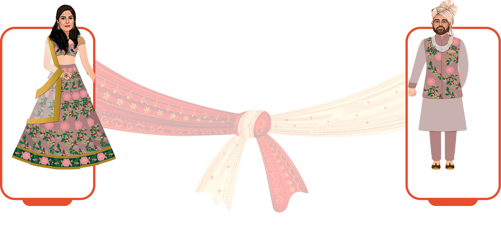 Decorative illustration of Isha and Yugal tied together with a wedding scarf